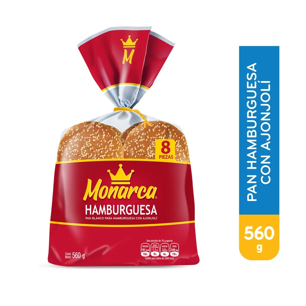 Pan Blanco Monarca para Hamburguesa con Ajonjolí 8 piezas - 560 g